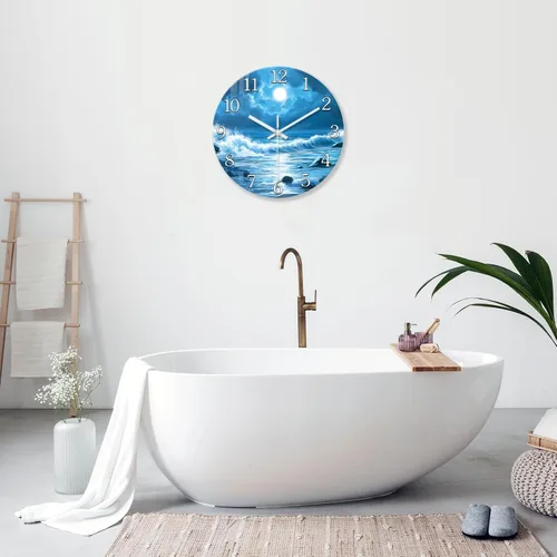 Miniatura 3 de XFM Reloj de pared azul con pilas, 12 pulgadas, silencioso, sin tictac, de cristal, luna, océano, ondas, relojes redondos para decoración de cocina