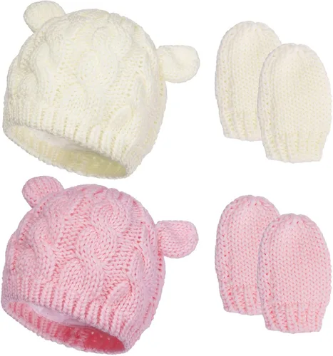 Juego de 2 gorros de invierno para recién nacidos, guantes para bebés, niñas y niños pequeños, cálidos sombreros de punto, guantes de otoño y