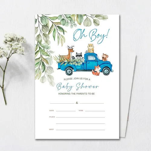 Miniatura 3 de YIDOU Woodland Blue Truck Boy Baby Shower Invitaciones para fiesta de Greenery Woodland Animal Rellenar tarjetas de invitaciones 20 invitaciones