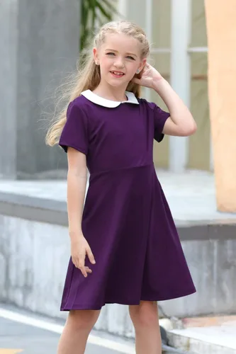 Miniatura 3 de GORLYA Vestido de fiesta casual de manga corta para niña con cuello Peter Pan ajustado y acampanado con bolsillos, 4-12 años