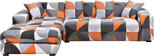 Miniatura 22 de LiveGo Funda de sofá en forma de L, 2 piezas, elástica y elástica de 3 plazas, protector de muebles con 4 fundas de almohada para sala de estar