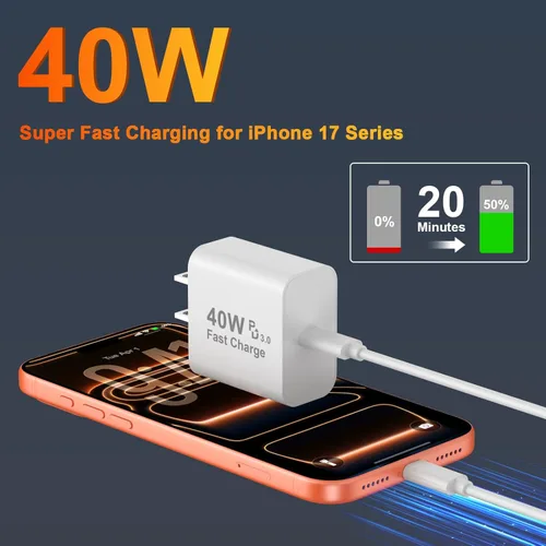 Miniatura 2 de [Certificado MFi de Apple] Cargador para iPhone 17 Pro Max de carga rápida, PD 40 W USB C bloque de carga con cable de carga tipo C de 6 pies