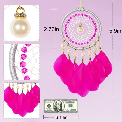 Miniatura 6 de Mini atrapasueños – Pluma de ganso con perla de lujo, cuero natural, pequeño atrapasueños hecho a mano para dormitorio, atrapasueños para niñas, Rosa