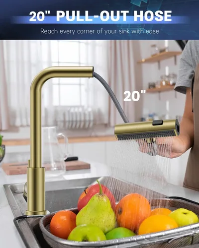 Miniatura 4 de APPASO Grifo de Cocina Dorado Sin Contacto con Rociador Desplegable, Grifo de Fregadero de Cocina con Sensor de Movimiento Tipo Cascada con Mango