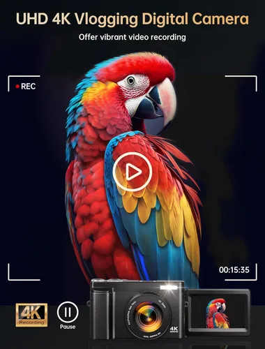 Miniatura 9 de Cámara digital 4K para fotografía, cámara de vlogging WiFi de 64MP con enfoque automático para YouTube con pantalla giratoria de 3'' 180°, cámara