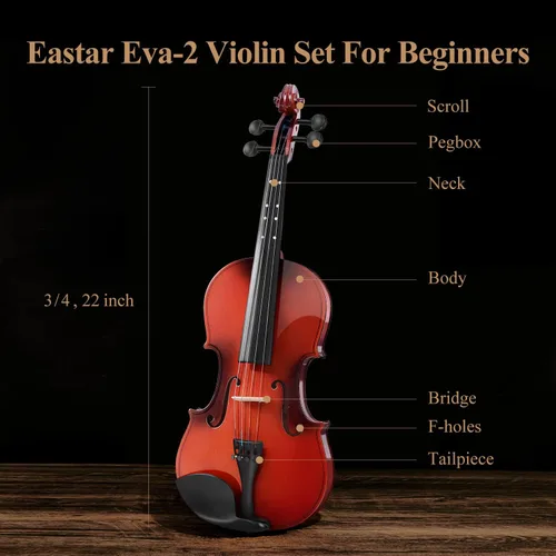 Miniatura 5 de Eastar - Violín 3/4 para principiantes, kit de violines para estudiantes, violín con estuche rígido, resina colofonia, soporte para hombro, arco