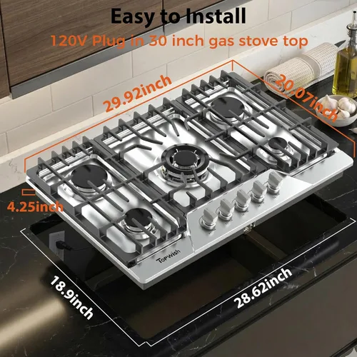 Miniatura 2 de Cocina de gas de 30 pulgadas, estufa de gas TOPWISH con 5 quemadores SABAF de alta eficiencia, 41400 BTU, NG/GLP convertible, estufa de propano