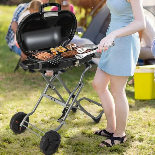 Miniatura 7 de Giantex Parrilla de gas propano portátil con quemador de 15,000 BTUs, mesa auxiliar, 2 ruedas, bandeja de grasa, marco de metal, parrilla de gas