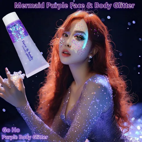 Miniatura 5 de Go Ho Gel de purpurina púrpura de sirena, purpurina holográfica para el cabello morado para niños y mujeres, lentejuelas gruesas para ojos, labios