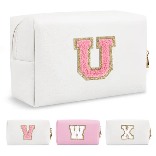 Miniatura 149 de Pequeña bolsa de maquillaje personalizada con inicial A-Z Preppy Patch, bolsa de cosméticos de viaje de felpilla blanca con cremallera, bonita bolsa