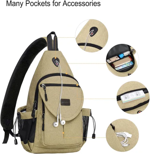 Miniatura 3 de MOSISO - Mochila bandolera de lona, mochila de día para senderismo con bolsillo antirrobo Caqui