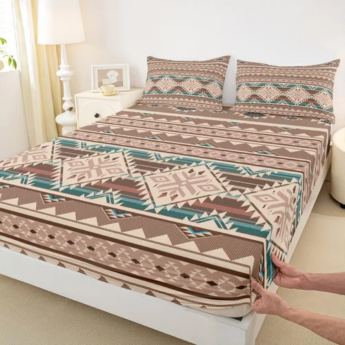 Miniatura 4 de Juego de ropa de cama occidental tamaño individual, sábanas aztecas, estilo nórdico exótico, bohemio, sábana bajera ajustable de tribu india