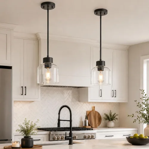 Miniatura 8 de Luces Colgantes Negras para Isla de Cocina, Accesorios de Luces Colgantes de 7" con Pantalla de Vidrio Transparente, Iluminación Colgante Moderna