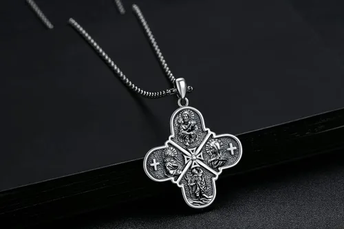 Miniatura 3 de lotus & leaf Collar con colgante de plata de ley 925 de San CristópaloCalaveraAnubisCruz de cuatro vías, mal de ojoMedalla de San Miguel, joyería