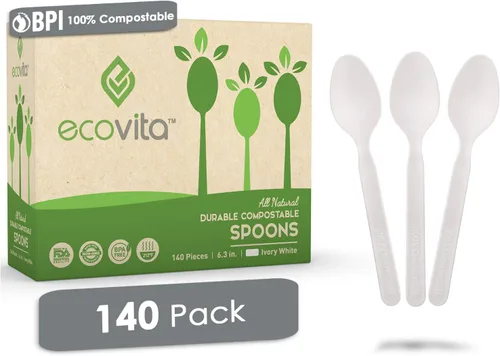 Ecovita Cucharas 100 % compostables – 140 utensilios desechables grandes (6.3 pulgadas). Ecológico, duradero y resistente al calor, alternativa a