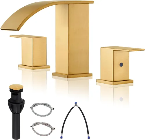 Grifo de baño en cascada dorado de 3 agujeros - 8 pulgadas grifo de baño generalizado | Dos manijas llave de lavabo de lavabo con llave de drenaje