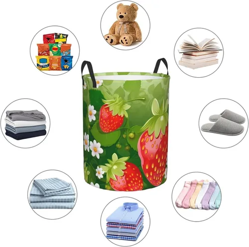 Miniatura 6 de Strawberry and flower print Circular Hamper Waterproof Storage Bin Organizer Basket Laundry Hamper With Handles For Clothes Toys Medium