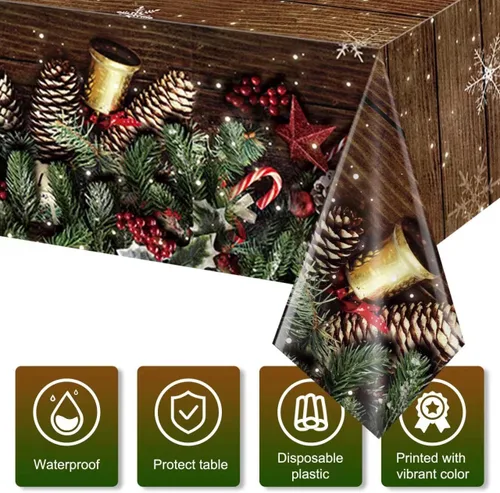 Miniatura 3 de Paquete de 3 manteles navideños con veta de madera marrón, cubremesas de plástico de madera con brillantina dorada de copos de nieve navideños