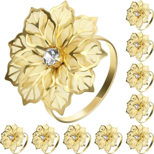 Hotop Juego de 12 servilleteros de flores huecas para otoño, servilleteros de metal, para cena, Acción de Gracias, Navidad, banquete, mesa, Dorado