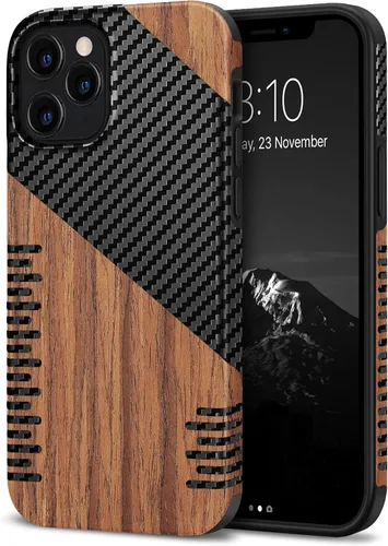 Miniatura 16 de TENDLIN Funda compatible con iPhone 12 Pro Max de grano de madera con diseño de textura de fibra de carbono, funda híbrida de cuero negro