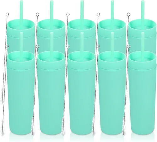 Miniatura 17 de Volhoply Vaso delgado de plástico de 16 onzas con tapa y pajita, paquete de 4 unidades, vasos aislados de doble pared de acrílico mate, sin BPA