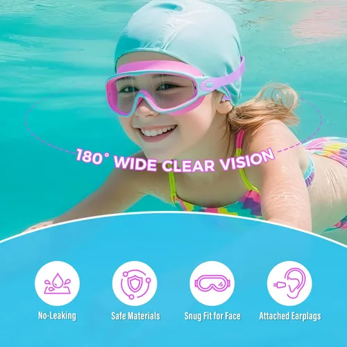 Miniatura 2 de Paquete de 3 gafas de natación para niños, con tapones para los oídos, marco grande, antivaho, UV, visión amplia, para niños y niñas de 4 a 12 años