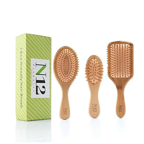 N12 - Juego de 3 cepillos de madera de bambú para mujeres, hombres y niños, peine antiestático para masaje del cuero cabelludo, desenredante,