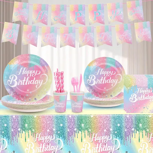 Miniatura 6 de Juegos de Platos y Servilletas de Cumpleaños Arcoíris, Suministros para Fiestas de Cumpleaños Rosa, Platos de Diamante con Purpurina
