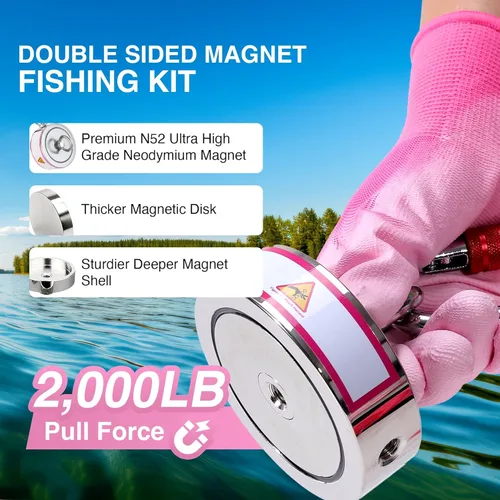Miniatura 2 de Potente imán de pesca de neodimio de doble cara de 2000 libras – 3.70" Imán superior para pesca con fijador de roscas