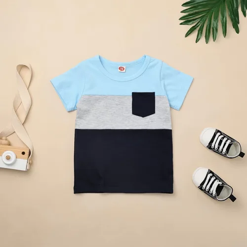 Miniatura 4 de Ropa para bebé niño pequeño, trajes de verano de manga corta, camiseta de retazos y pantalón con bolsillo, conjunto de 2 piezas, 12 meses a 4 años