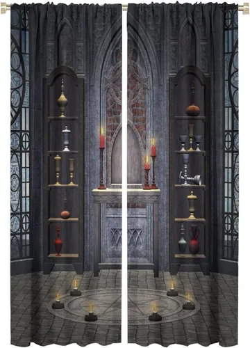 Miniatura 32 de Cortinas góticas con diseño de luna de Halloween, historia, puerta espeluznante, fondo de terror, vela, ficción, patrón de impresión, sala de estar