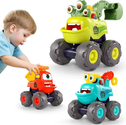 Miniatura 10 de Autos de juguete para niños de 1, 2, 3 años, paquete de 3 camiones monstruo, juguete de cocodrilo, búho, leopardo, rueda grande, camiones de juguete