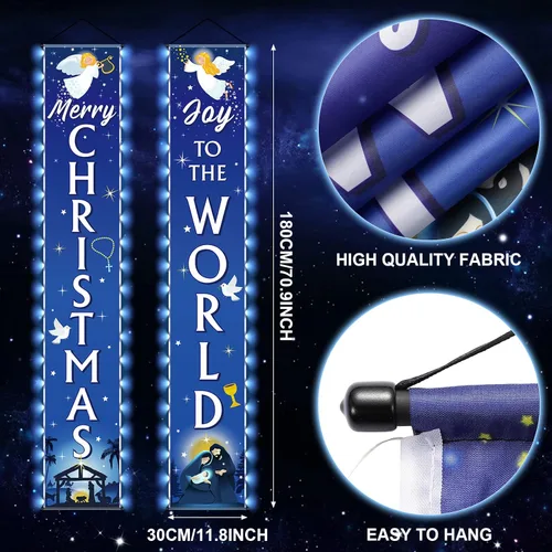 Miniatura 2 de Cartel de Navidad para puerta de Natividad con luces de alegría al mundo, pancarta azul religiosa para colgar en la puerta de la noche de Navidad