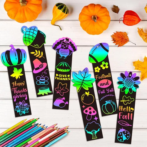Miniatura 4 de BeYumi 60 marcapáginas de rascar de cosecha de otoño para niños, bricolaje, hoja, otoño, calabaza, pavo, arte mágico, arco iris, kit de manualidades