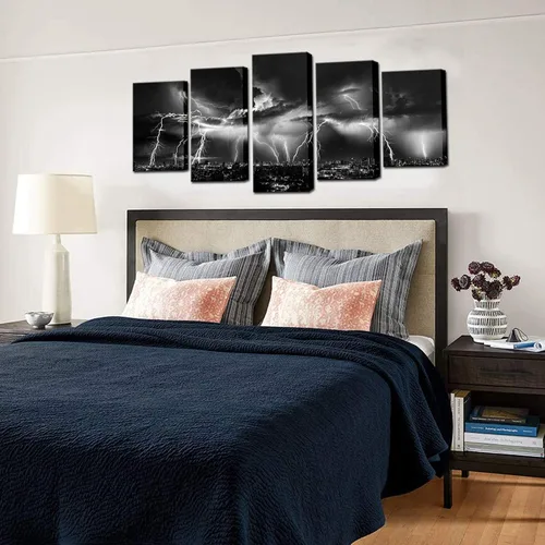 Miniatura 4 de Biuteawal - Arte de pared en blanco y negro de la naturaleza, relámpagos en las nubes, pintura sobre lienzo, tormenta y vista nocturna de la ciudad