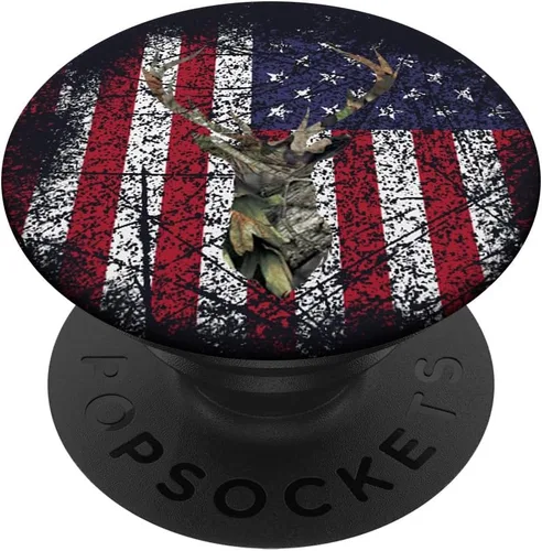 Deer Buck - Bandera de Estados Unidos para caza, camuflaje, color marrón, rojo, blanco, azul, PopSockets Grip y Stand para teléfonos y tabletas