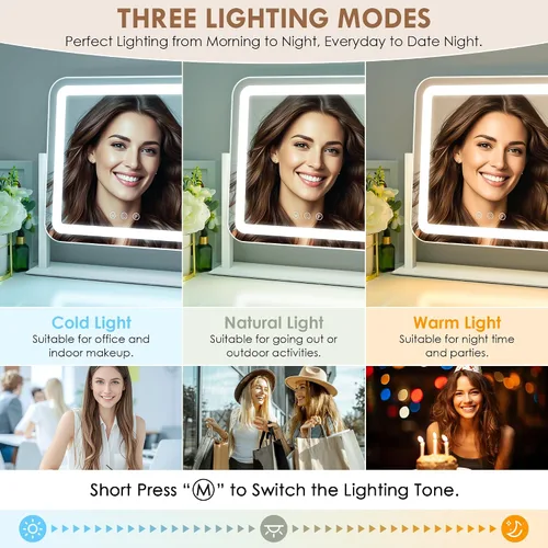 Miniatura 2 de Espejo de maquillaje iluminado, espejo de tocador con luces, aumento de 10X, regalos para mujeres, 3 modos de iluminación de color, control táctil