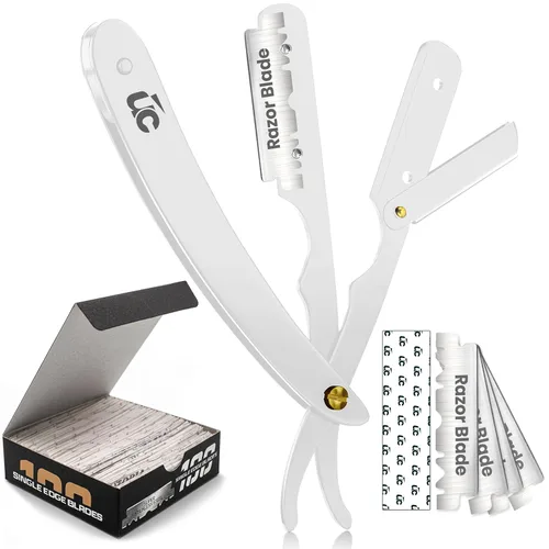 Miniatura 9 de Utopia Care - Rasuradora de seguridad profesional, para peluquero, de borde recto, con 100 cuchillas Derby, 100 % acero inoxidable, (plateado)