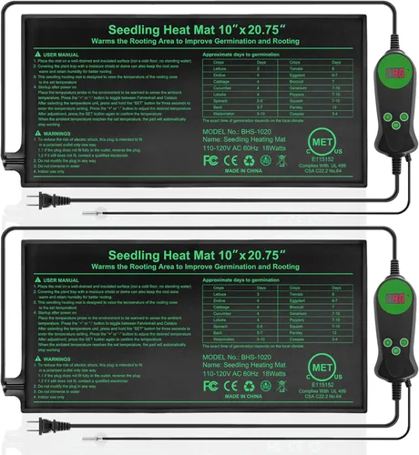 Tapete térmico de plántulas con controlador de temperatura integrado (paquete de 2), almohadilla térmica de plantas de 10 x 20.75 pulgadas con
