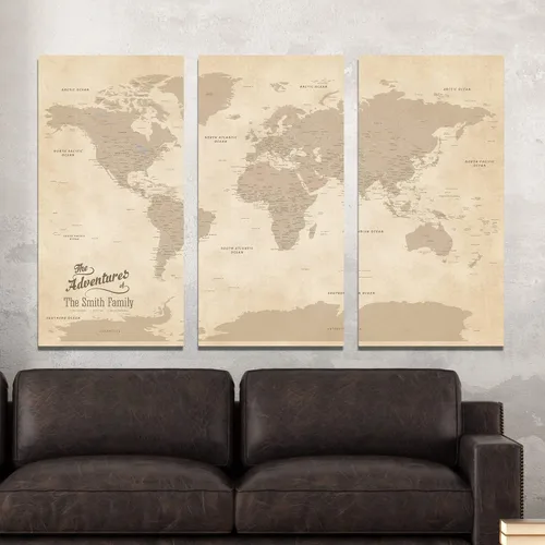 Miniatura 20 de 3 paneles - Mapa de viaje colorido del mundo con alfileres en lienzo envuelto en galería, mapa de pared grande