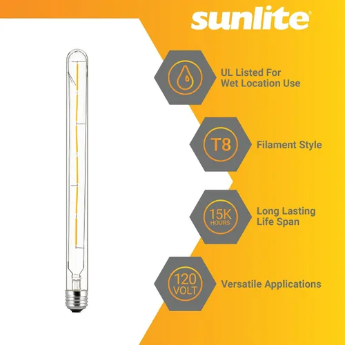 Miniatura 3 de Sunlite 41616 - Bombilla tubular de filamento LED T8, 5 vatios (equivalente a 40 W), 430 lúmenes, base E26 media, regulable, 8.425 in, certificación