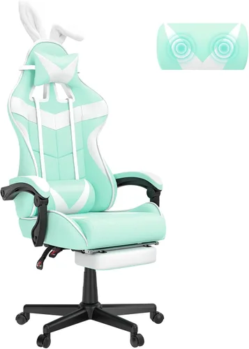 Miniatura 9 de Soontrans Silla de juegos azul claro con reposapiés, bonita silla de videojuegos de conejo, silla de escritorio Kawaii para nieta, hermana, novia