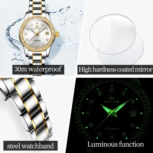Miniatura 6 de OLEVS Relojes automáticos para mujer, de acero inoxidable, mecánico, con diamante, luminoso, impermeable, reloj de pulsera para mujer