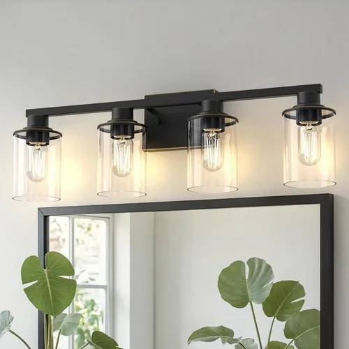 Miniatura 60 de DORESshop Lámparas de baño, 3 luces negras y doradas para baño sobre espejo con pantalla de vidrio transparente, luces de tocador para baño, Negro