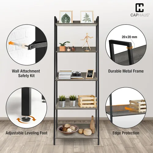 Miniatura 5 de CAPHAUS Estantería con Escalera de 5 Niveles, Estante Independiente de 24 Pulgadas de Ancho, Estantería Librero Organizador de Almacenamiento, Gris