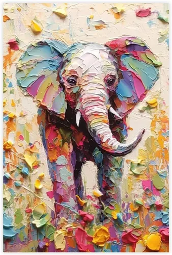 Fyzuf Arte de pared de elefante - Pintura al óleo sobre lienzo, estilo cubismo, estética de elefante colorido, 12 x 18 pulgadas (11.8 x 17.7 in) sin