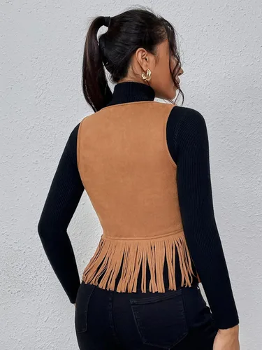 Miniatura 2 de WDIRARA Camiseta sin mangas de gamuza sintética para mujer, dobladillo con flecos, lazo frontal, color liso, chaleco