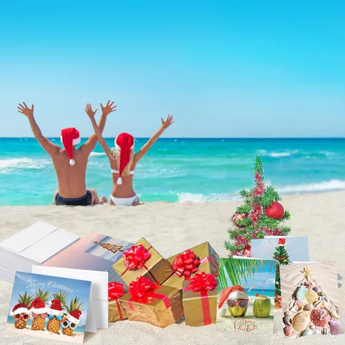 Miniatura 7 de Ctosree 60 juegos de tarjetas de felicitación de Navidad en julio, verano, estilo playa, a granel, con sobres y calcomanías para suministros