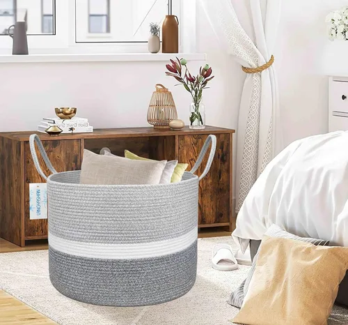 Miniatura 5 de Cesta de cuerda tejida XXXL de 21.65 x 13.78 pulgadas, canasta decorativa para sala de estar, juguetes, sofá, mantas, toallas o cuarto del bebé