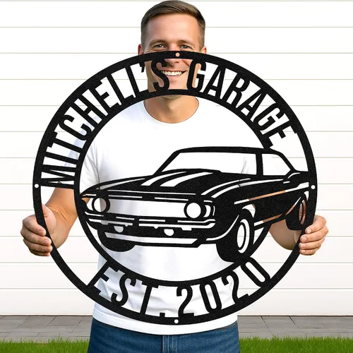 Miniatura 39 de Letrero de metal personalizado para garaje, arte de pared personalizado para hombres, decoración de taller mecánico con nombre, decoración